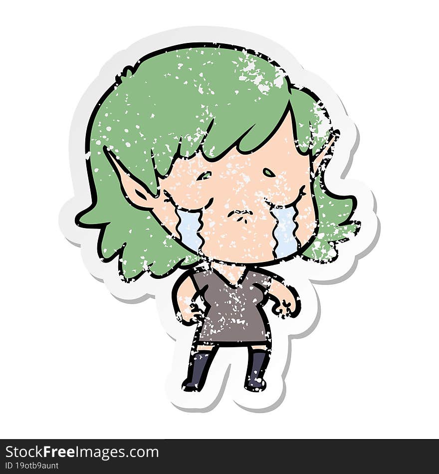 distressed sticker of a cartoon crying elf girl