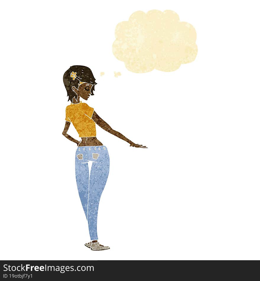 cartoon pretty girl in jeans and tee with thought bubble