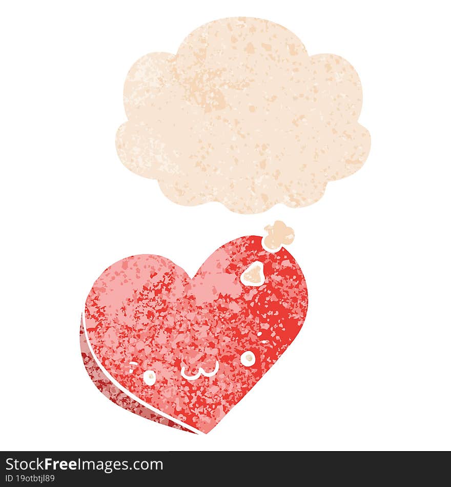 cartoon love heart with face and thought bubble in retro textured style