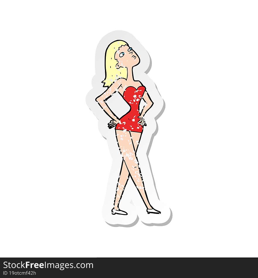 retro distressed sticker of a cartoon woman in party dress