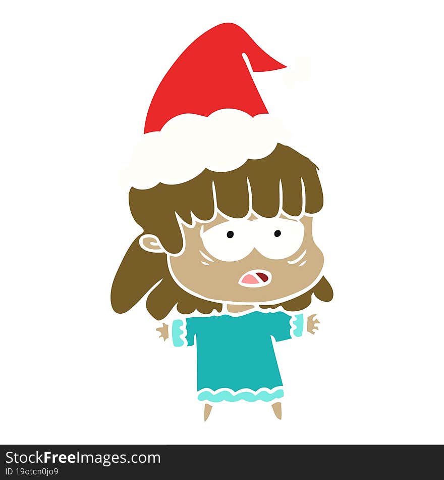 Flat Color Illustration Of A Tired Woman Wearing Santa Hat