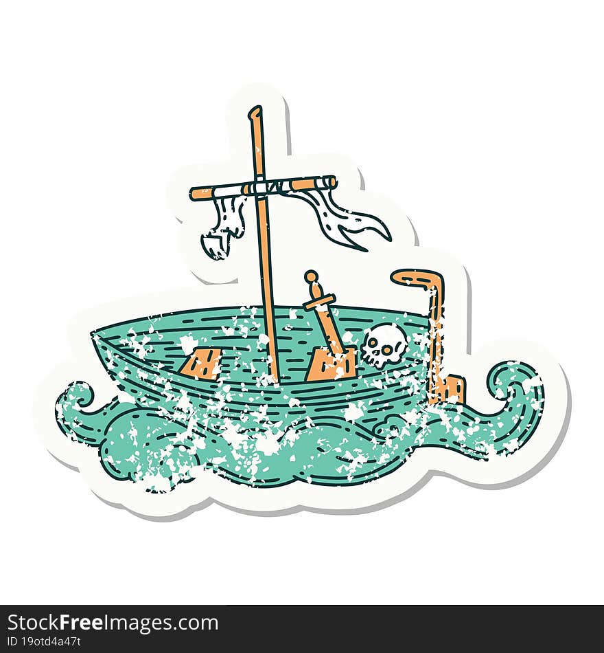 grunge sticker of tattoo style empty boat with skull