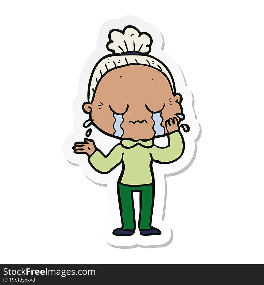 sticker of a cartoon crying old lady