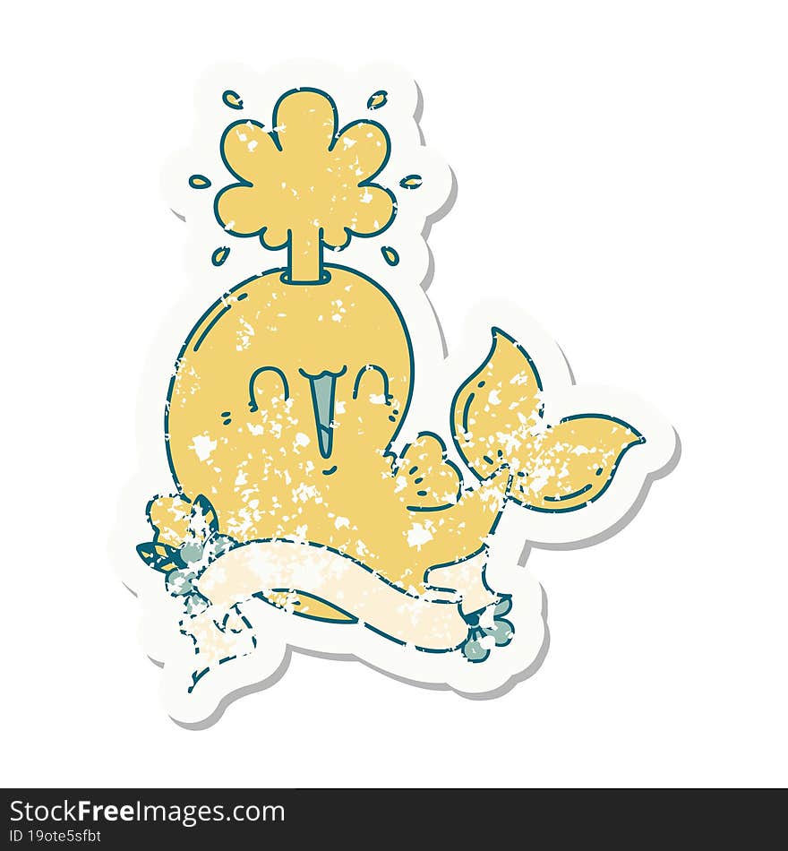 grunge sticker of tattoo style happy squirting whale character