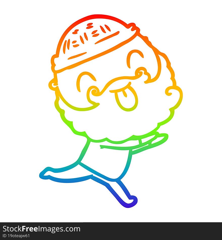 rainbow gradient line drawing of a running man with beard sticking out tongue