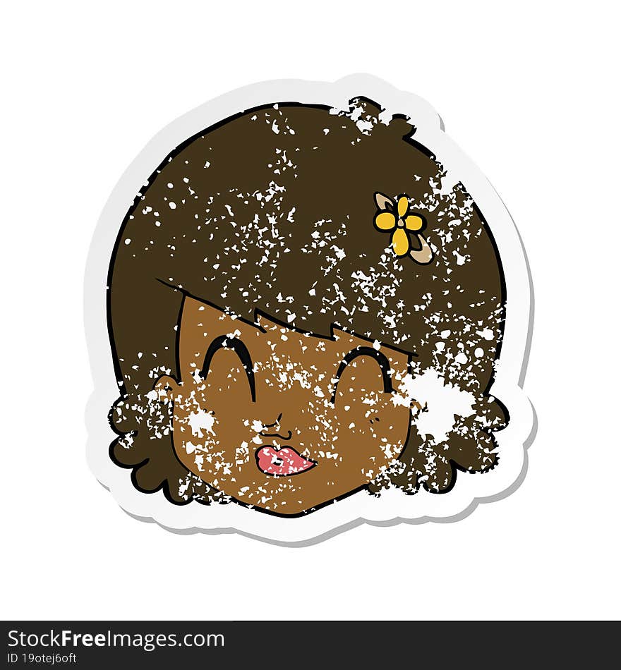 retro distressed sticker of a cartoon happy female face