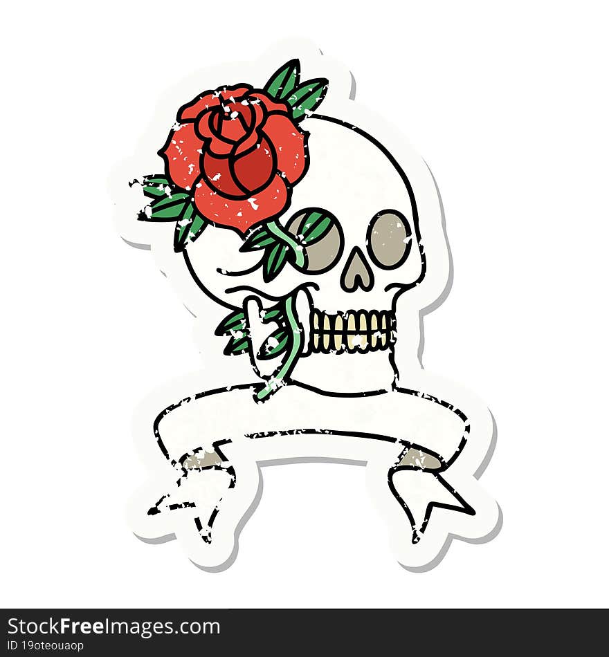 Grunge Sticker With Banner Of A Skull And Rose