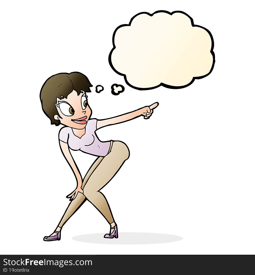 cartoon pretty woman pointing with thought bubble