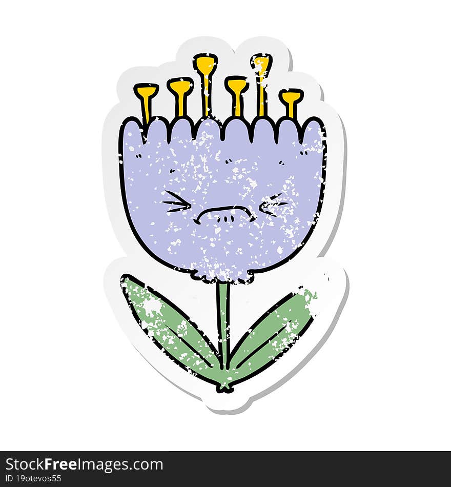 Distressed Sticker Of A Cartoon Angry Flower