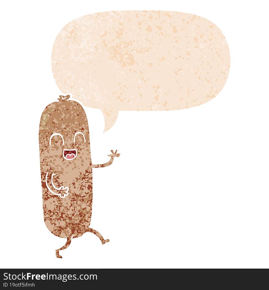 cartoon dancing sausage and speech bubble in retro textured style