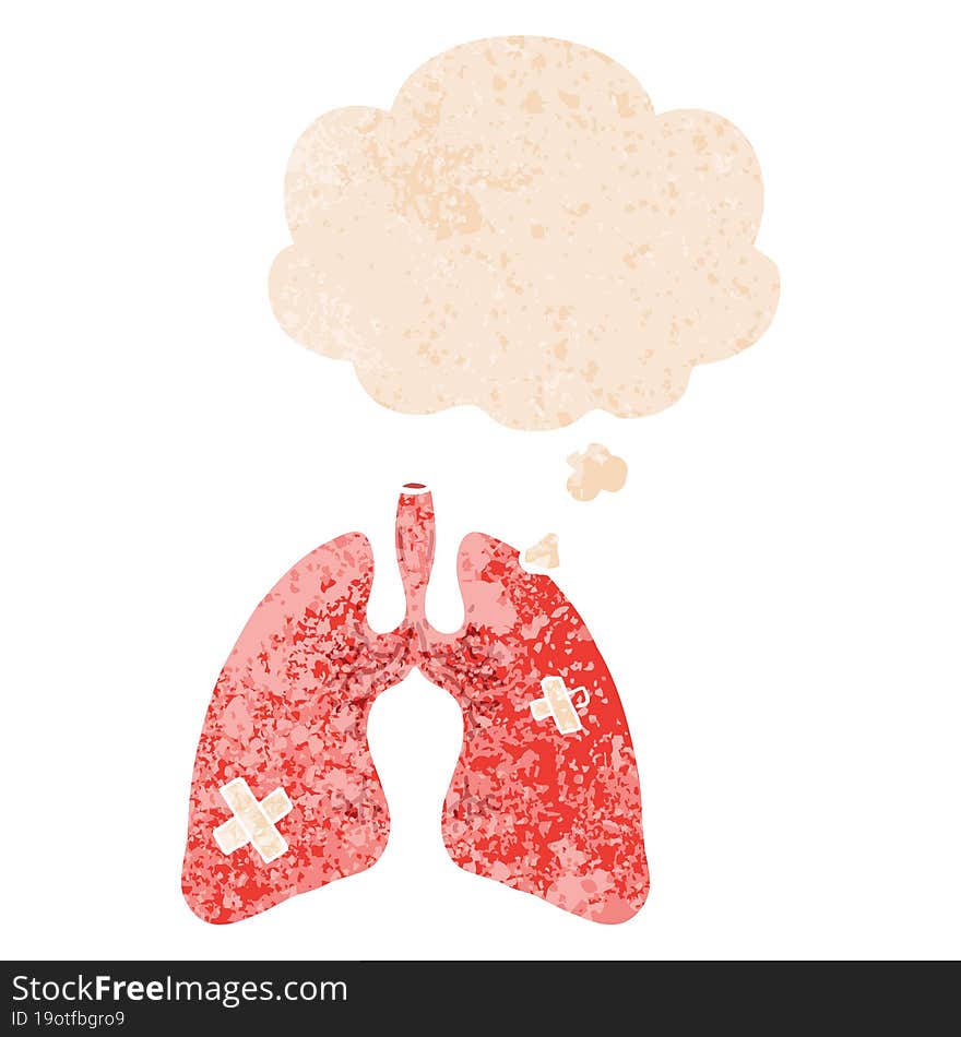 cartoon lungs and thought bubble in retro textured style