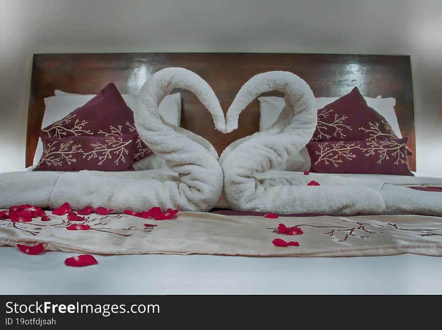 Bed decoration for honeymoon in a hotel