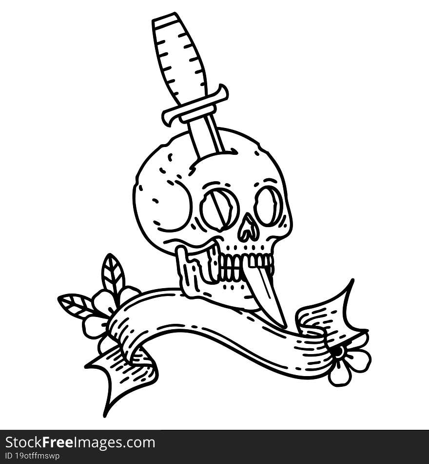 black linework tattoo with banner of a skull and dagger