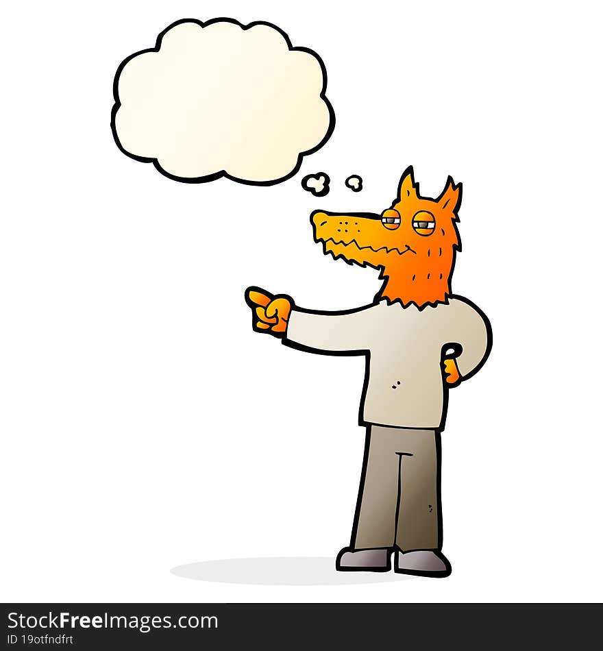 cartoon pointing fox man with thought bubble