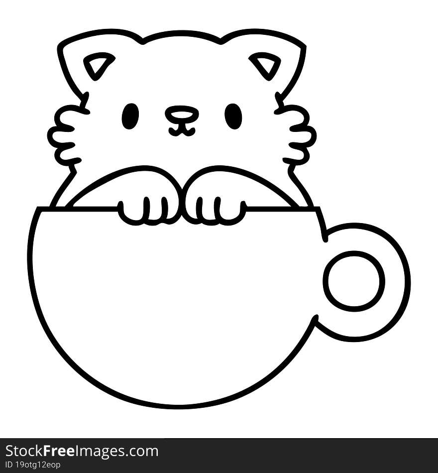 line doodle of a cute little cat in a coffee cup. line doodle of a cute little cat in a coffee cup