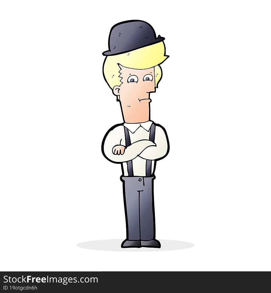 cartoon man in bowler hat with crosssed arms