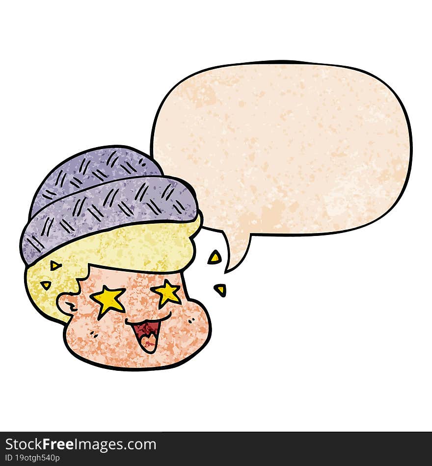 cartoon boy wearing hat and speech bubble in retro texture style