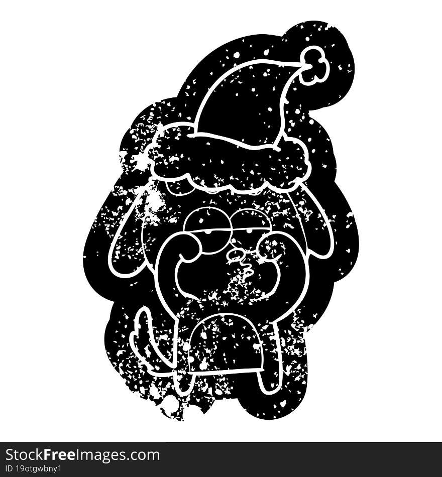 cartoon distressed icon of a tired dog wearing santa hat