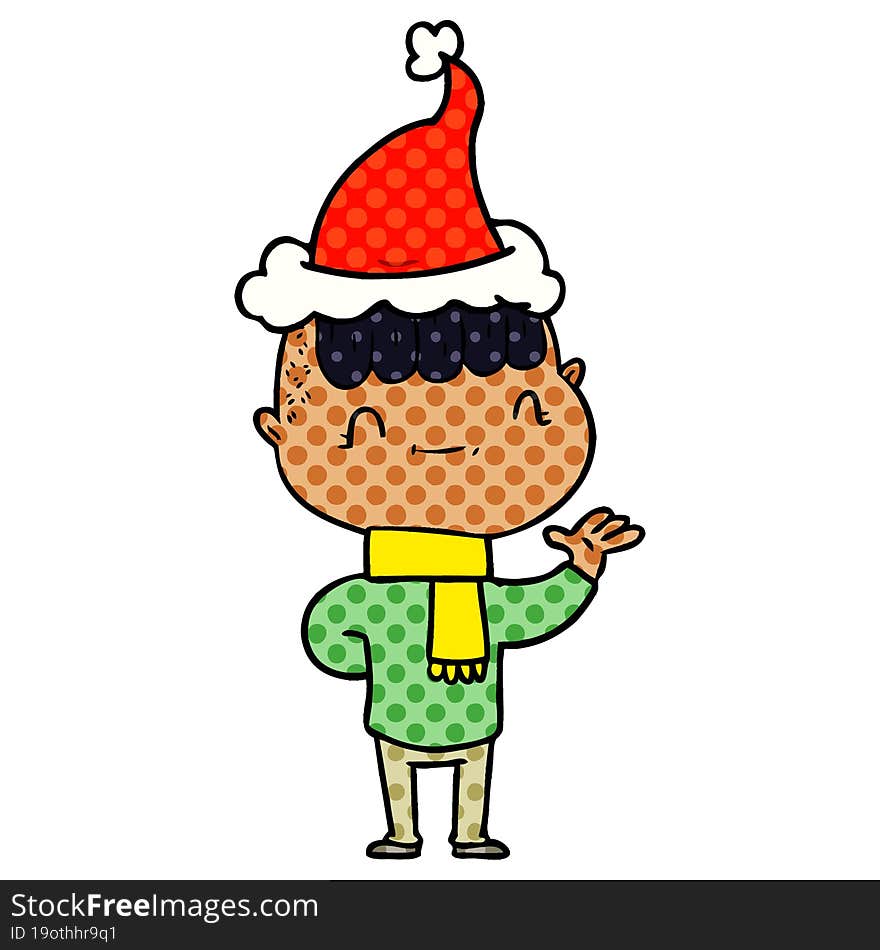 comic book style illustration of a friendly boy wearing santa hat