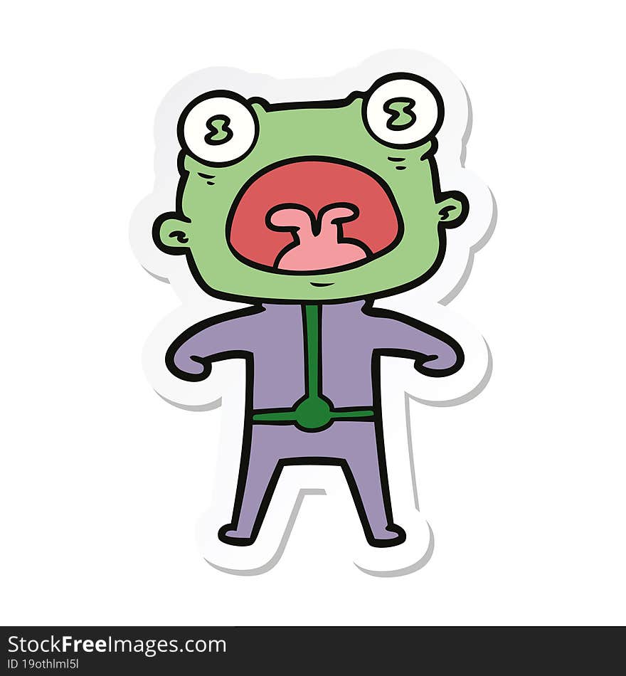 sticker of a cartoon weird alien shouting