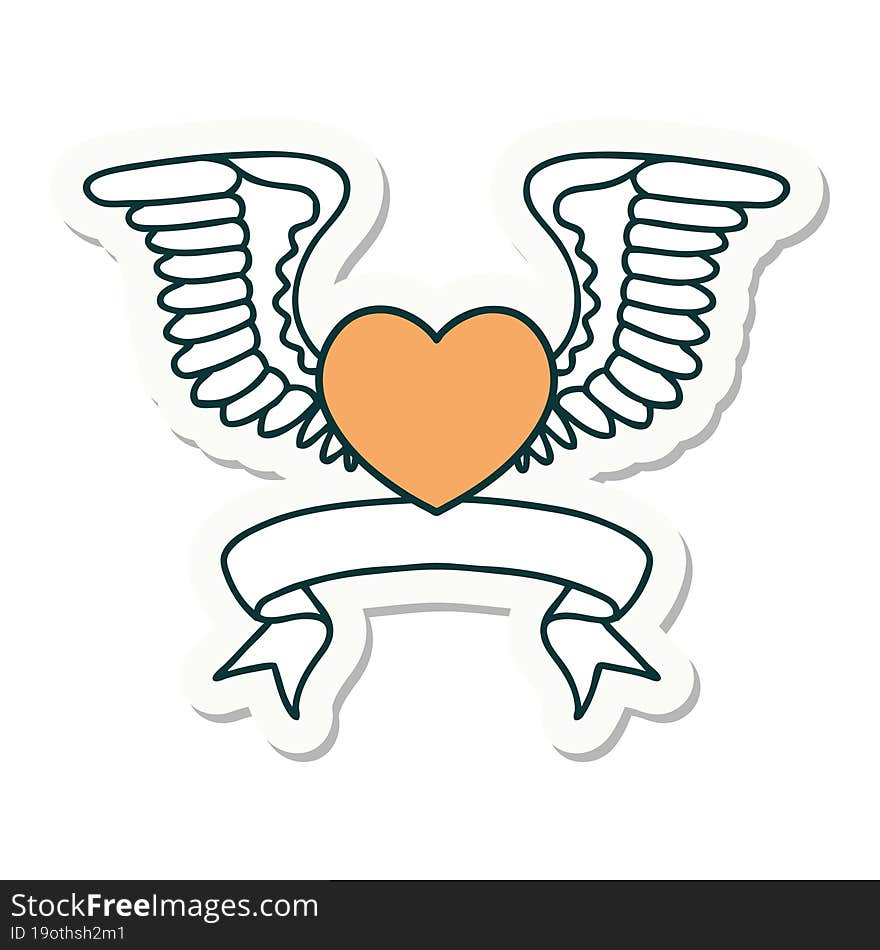 tattoo sticker with banner of a heart with wings