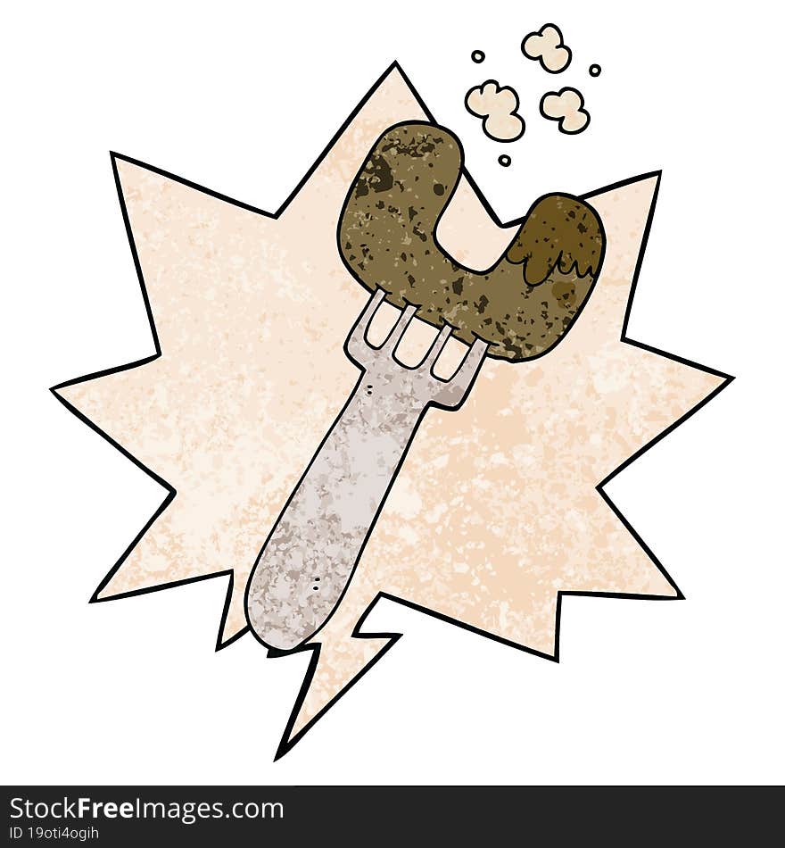 cartoon sausage on fork and speech bubble in retro texture style