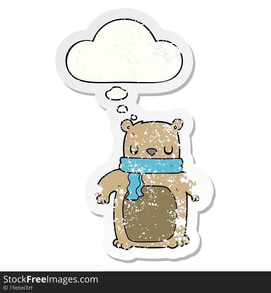 cartoon bear with scarf and thought bubble as a distressed worn sticker