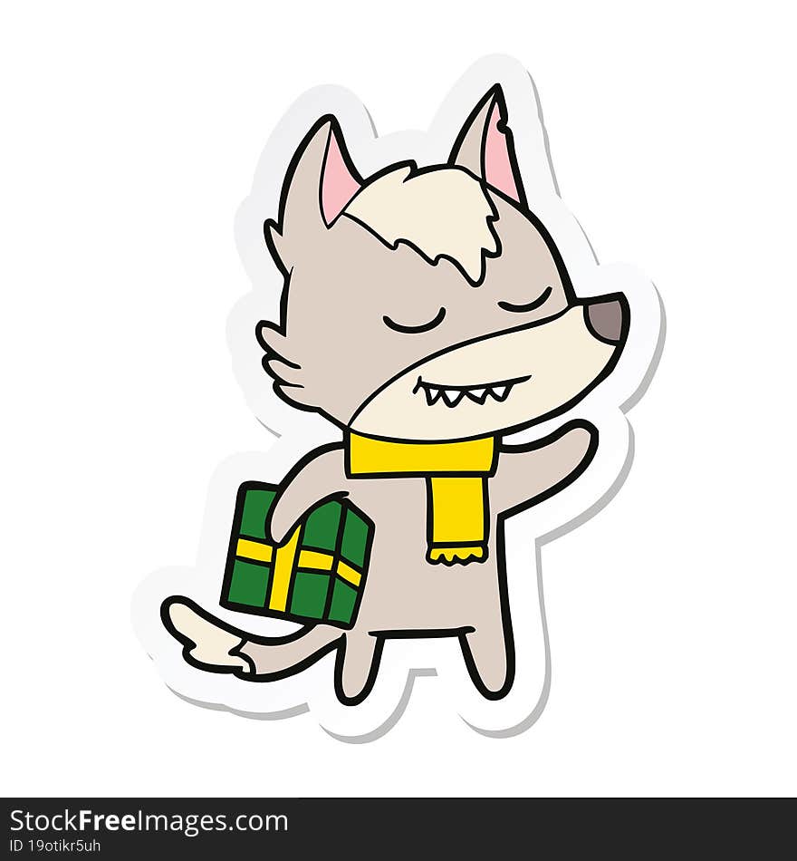 sticker of a friendly cartoon wolf carrying christmas present