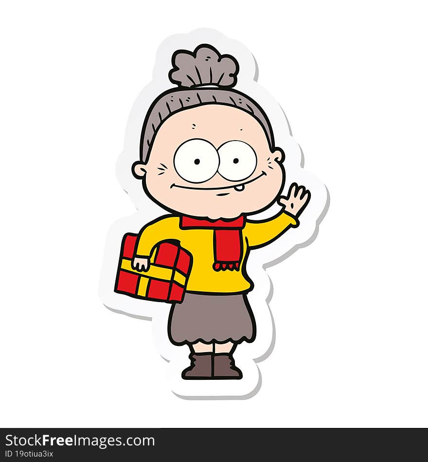 sticker of a cartoon happy old woman