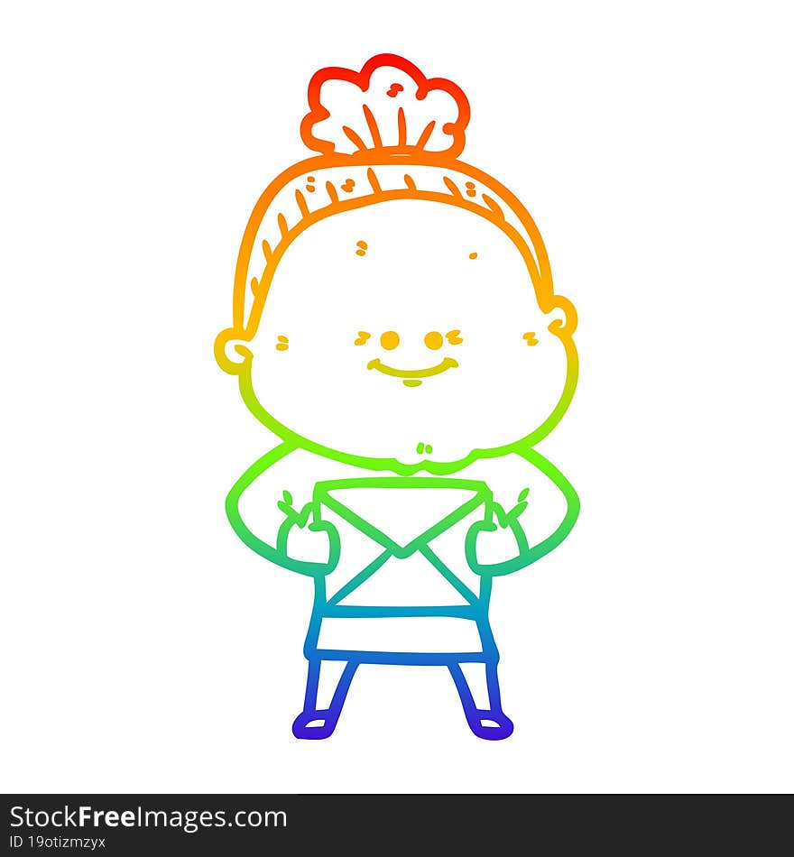 rainbow gradient line drawing cartoon happy old woman