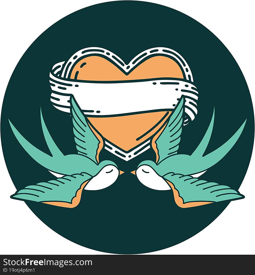 iconic tattoo style image of swallows and a heart with banner. iconic tattoo style image of swallows and a heart with banner