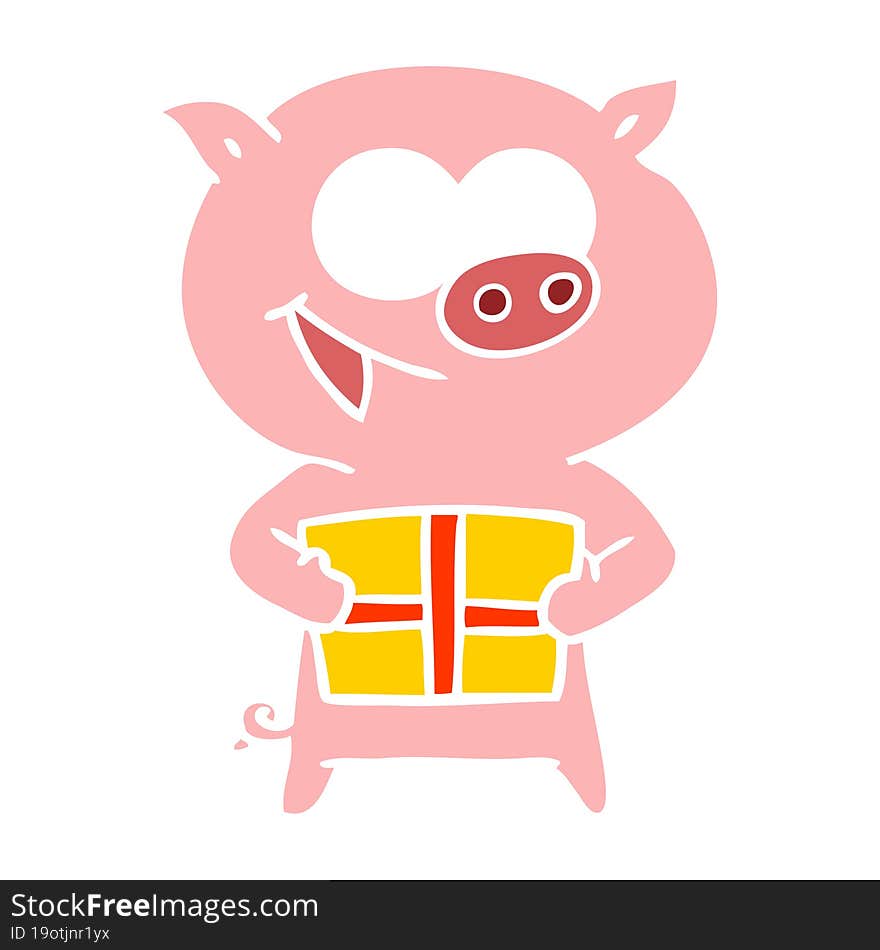 cheerful pig with christmas gift