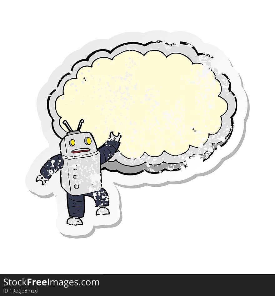 retro distressed sticker of a cartoon robot with space for text cloud