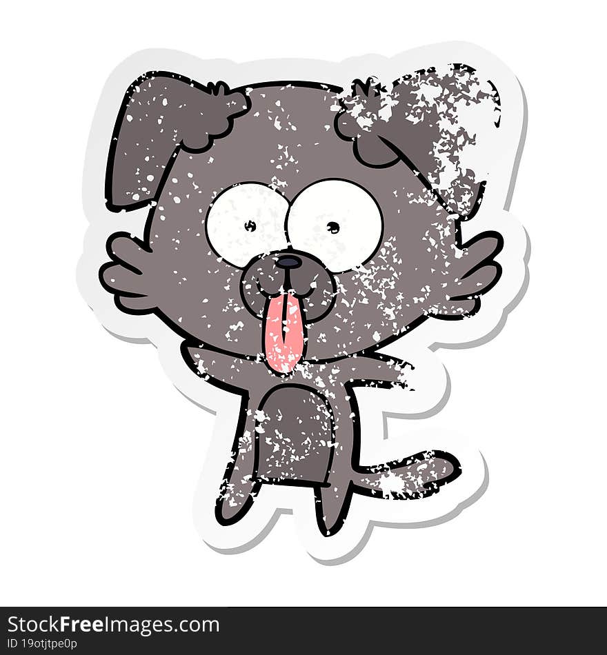 distressed sticker of a cartoon dog with tongue sticking out