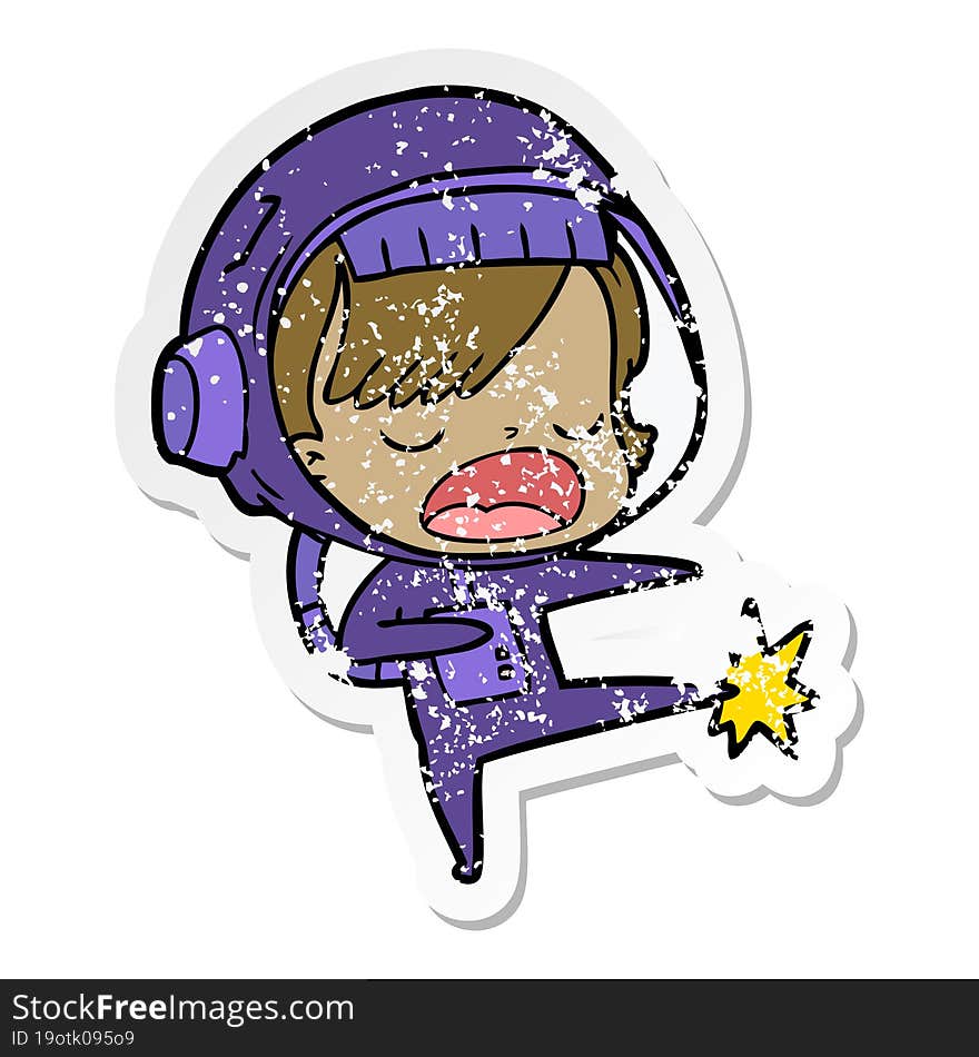 distressed sticker of a cartoon astronaut woman kicking