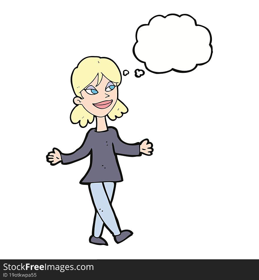 cartoon woman with no worries with thought bubble