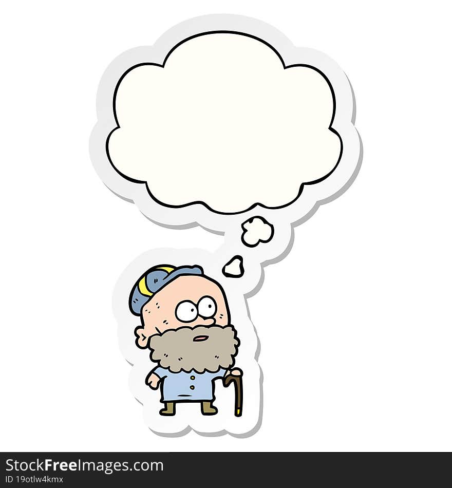 cartoon old man with walking stick with thought bubble as a printed sticker