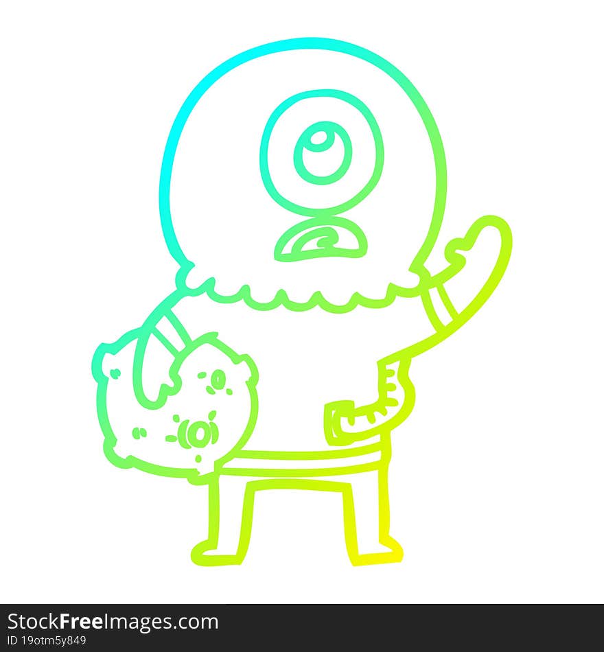 cold gradient line drawing cartoon cyclops alien spaceman waving