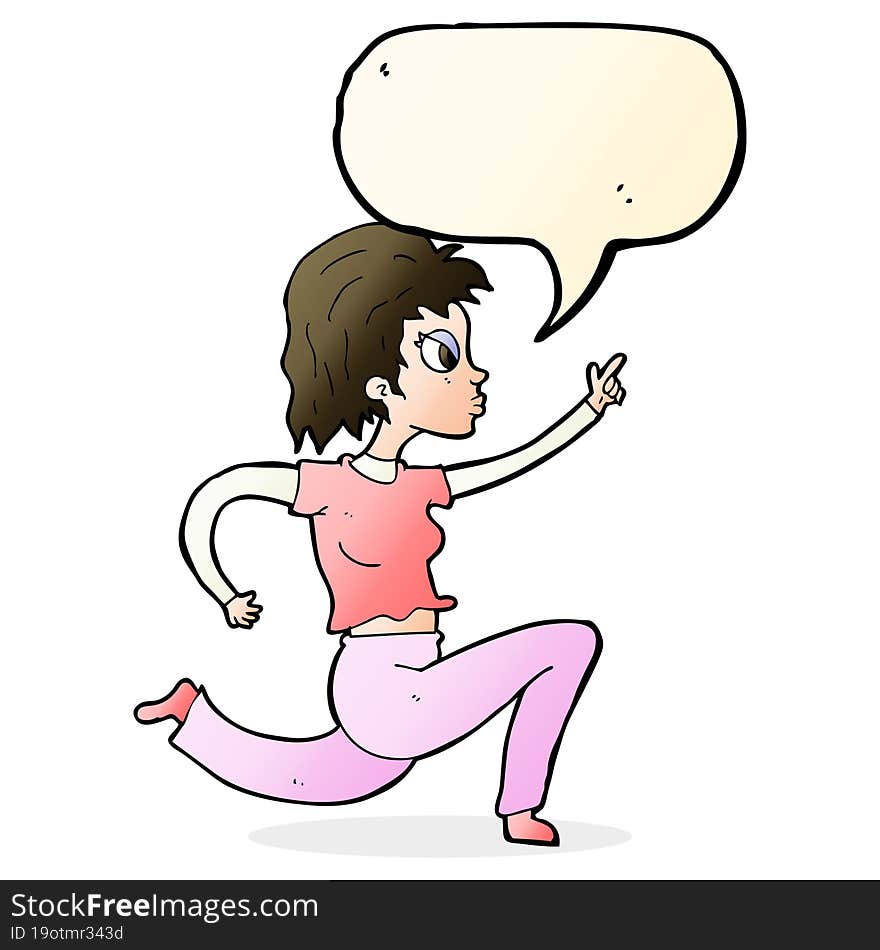 cartoon woman running and pointing with speech bubble