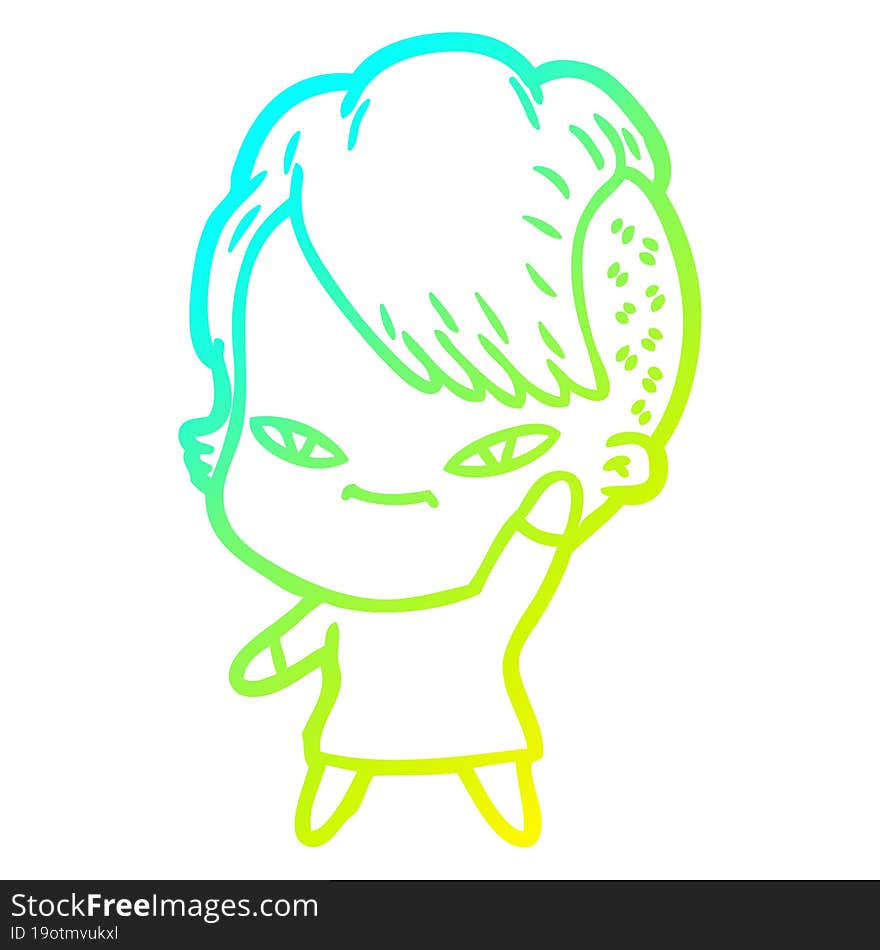 cold gradient line drawing cute cartoon girl with hipster haircut