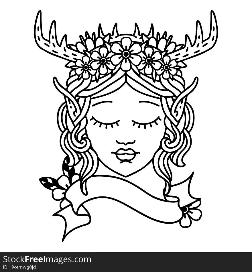 Black and White Tattoo linework Style elf druid character face. Black and White Tattoo linework Style elf druid character face