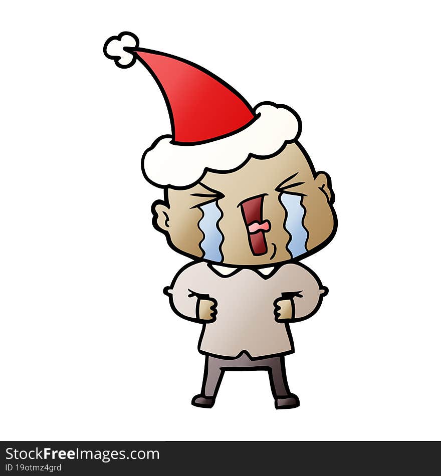 gradient cartoon of a crying bald man wearing santa hat