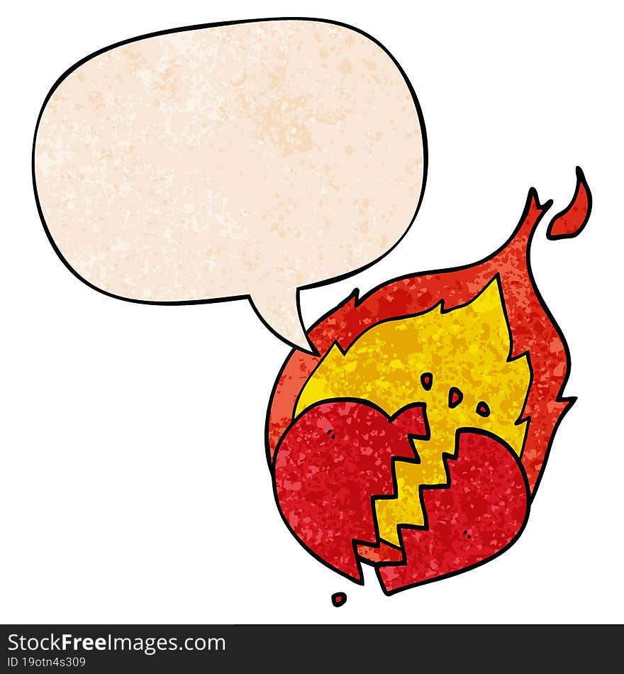 cartoon flaming heart and speech bubble in retro texture style