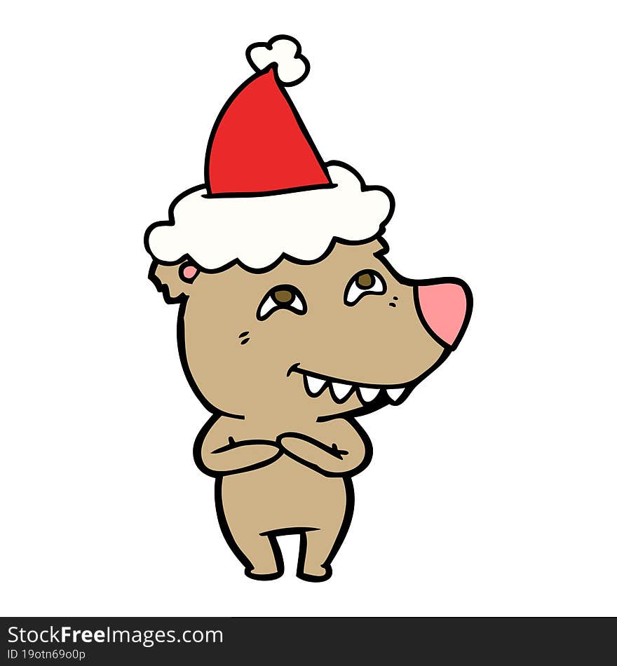 hand drawn line drawing of a bear showing teeth wearing santa hat