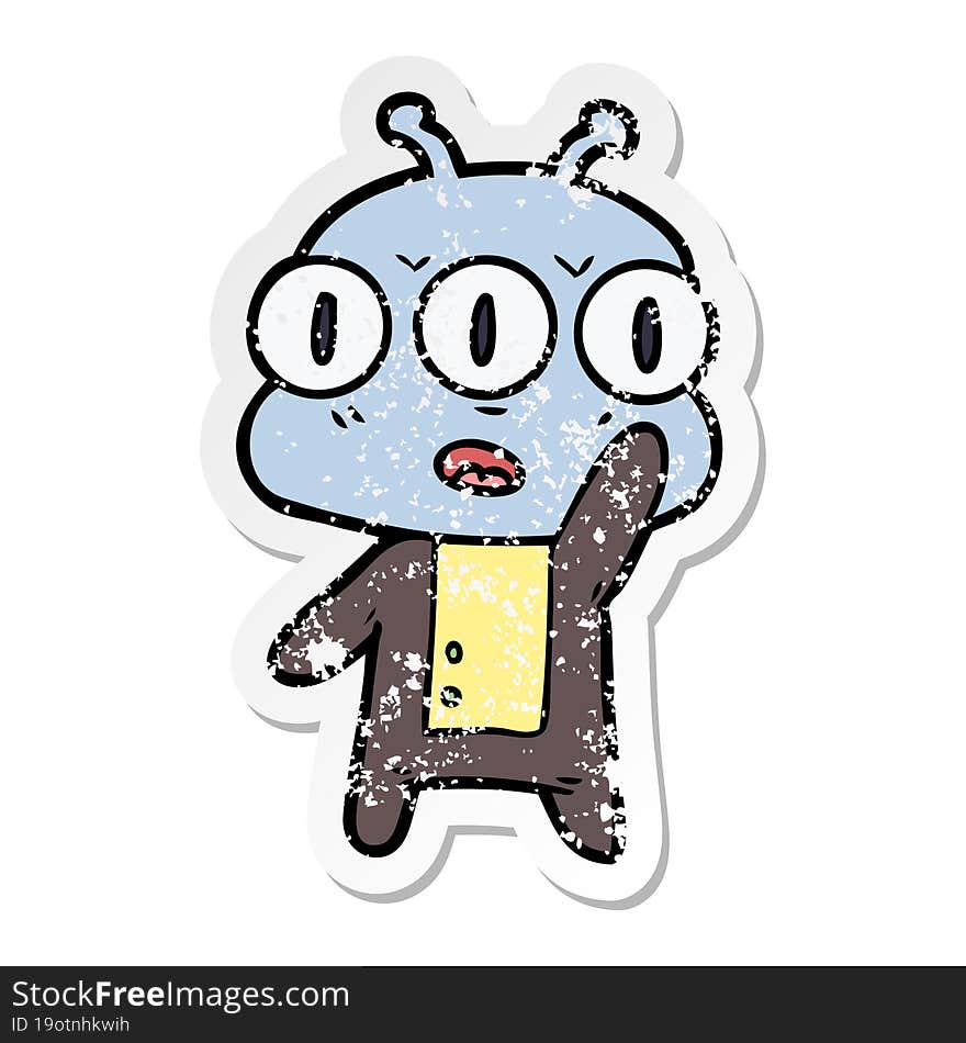 distressed sticker of a cartoon three eyed alien waving