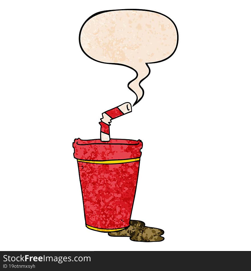 cartoon soda cup and speech bubble in retro texture style