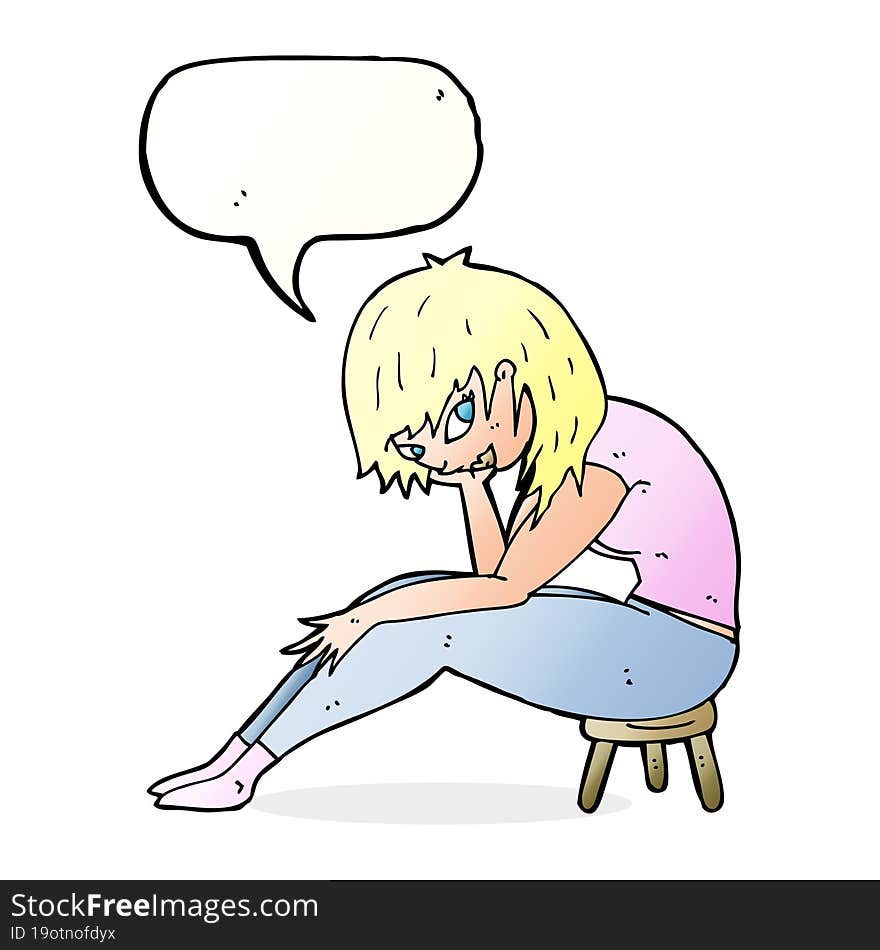 cartoon woman sitting on small stool with speech bubble