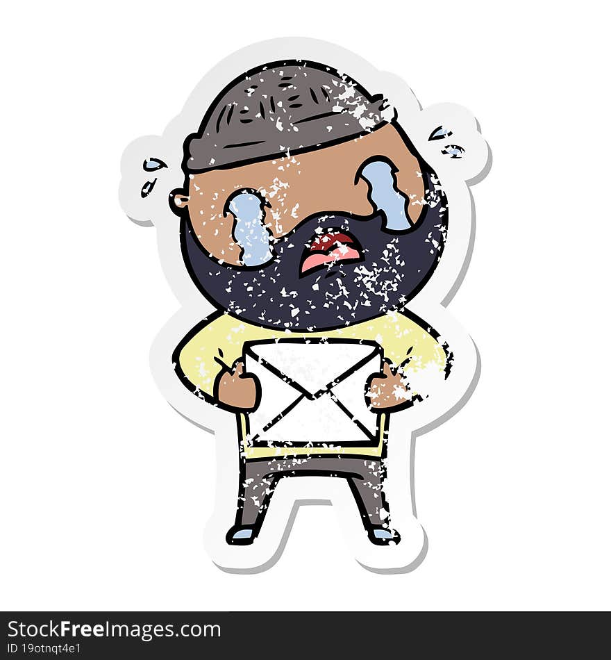 distressed sticker of a cartoon bearded man crying