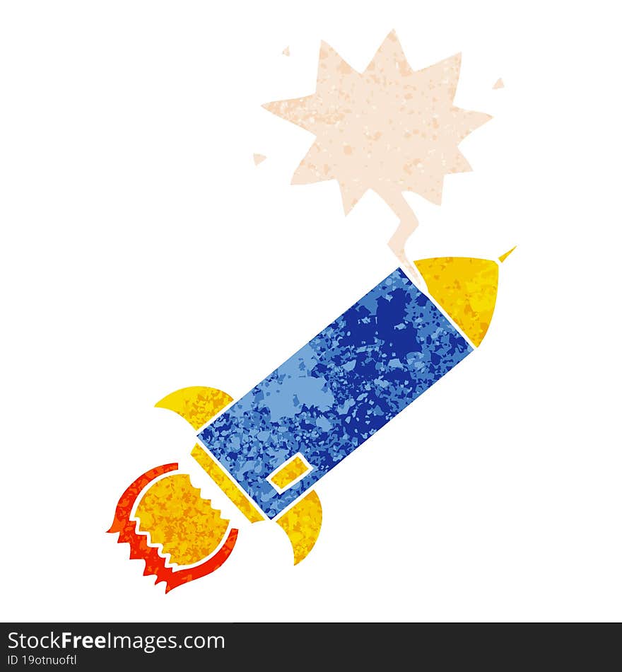 cartoon rocket and speech bubble in retro textured style