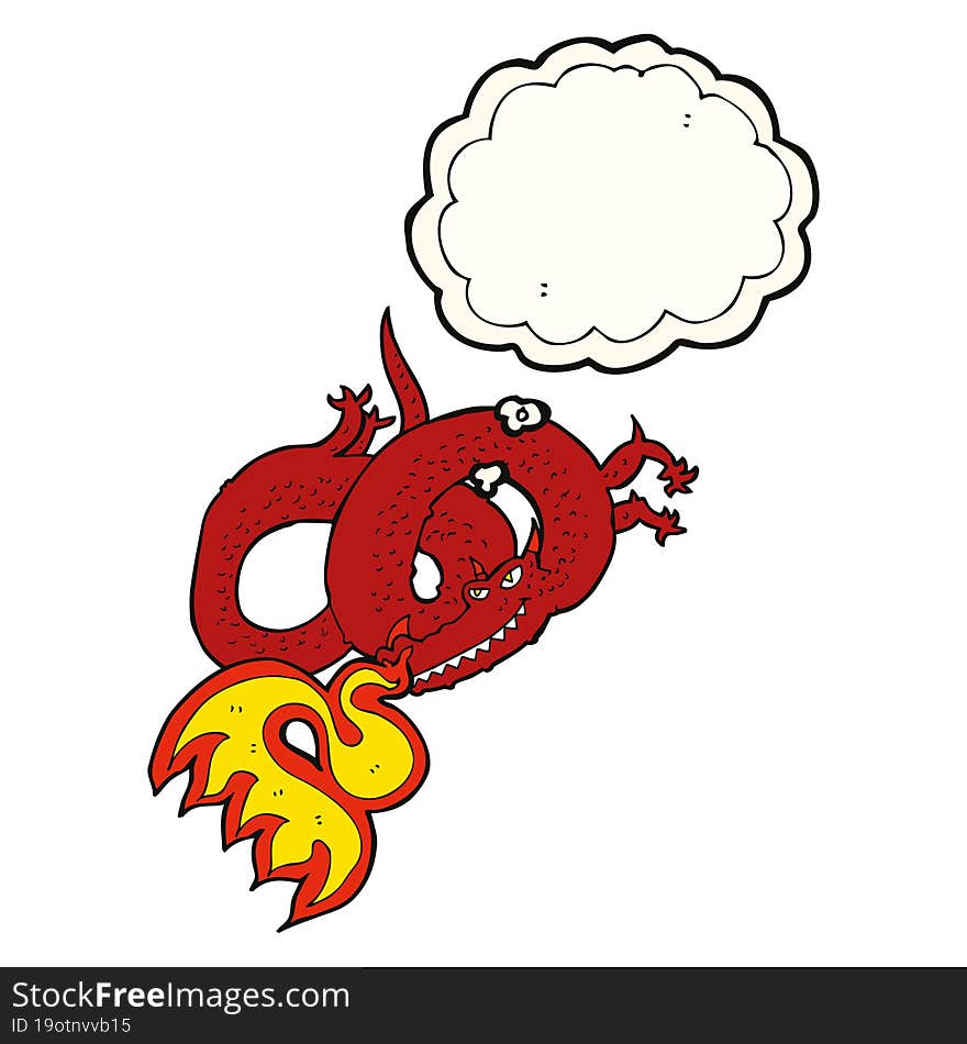 cartoon dragon breathing fire with thought bubble